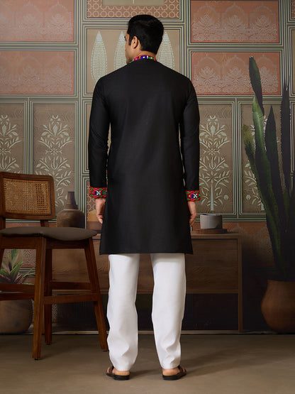 Black Cotton Silk Kurta for Men with Multi-Thread & Mirror Work