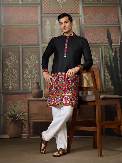 Black Cotton Silk Kurta for Men with Multi-Thread & Mirror Work