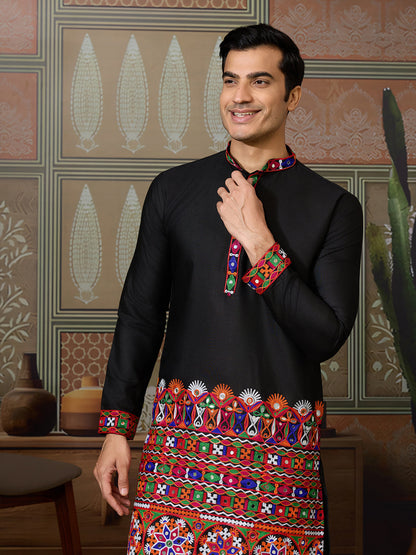 Black Cotton Silk Kurta for Men with Multi-Thread & Mirror Work