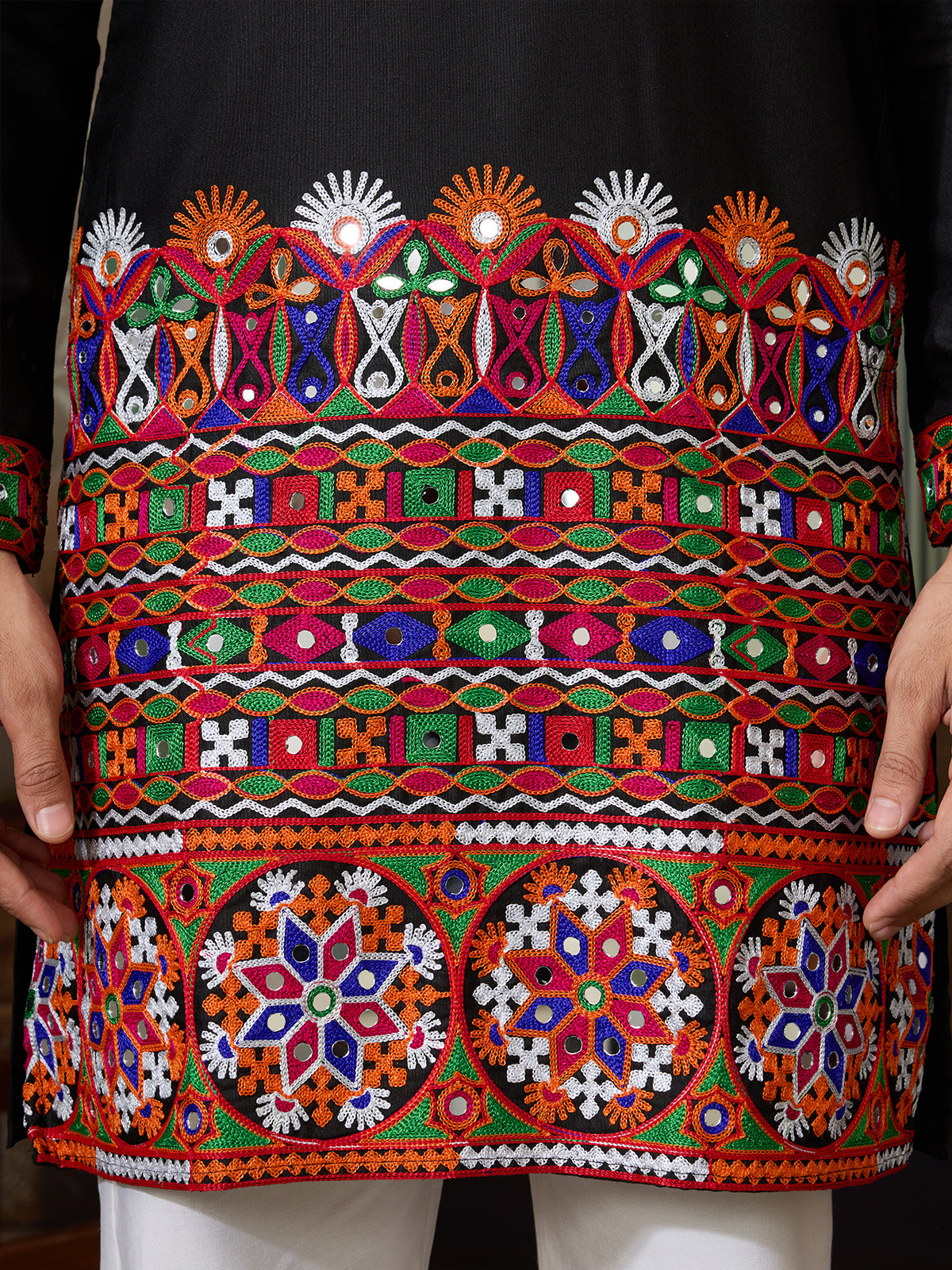 Black Cotton Silk Kurta for Men with Multi-Thread & Mirror Work