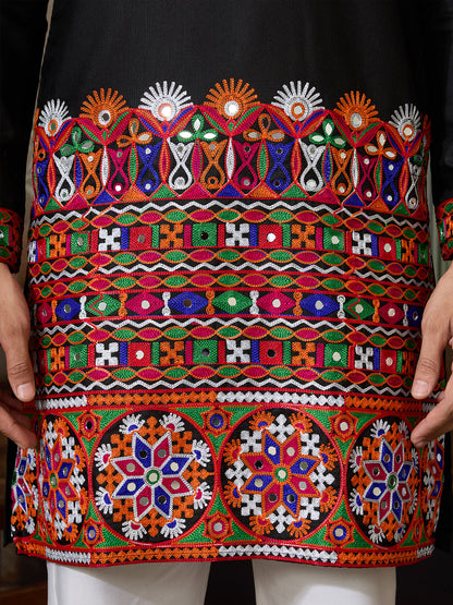 Black Cotton Silk Kurta for Men with Multi-Thread & Mirror Work