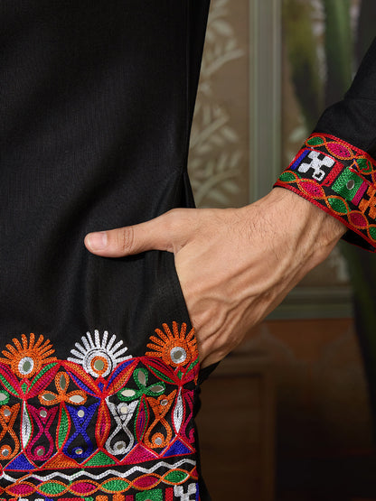 Black Cotton Silk Kurta for Men with Multi-Thread & Mirror Work