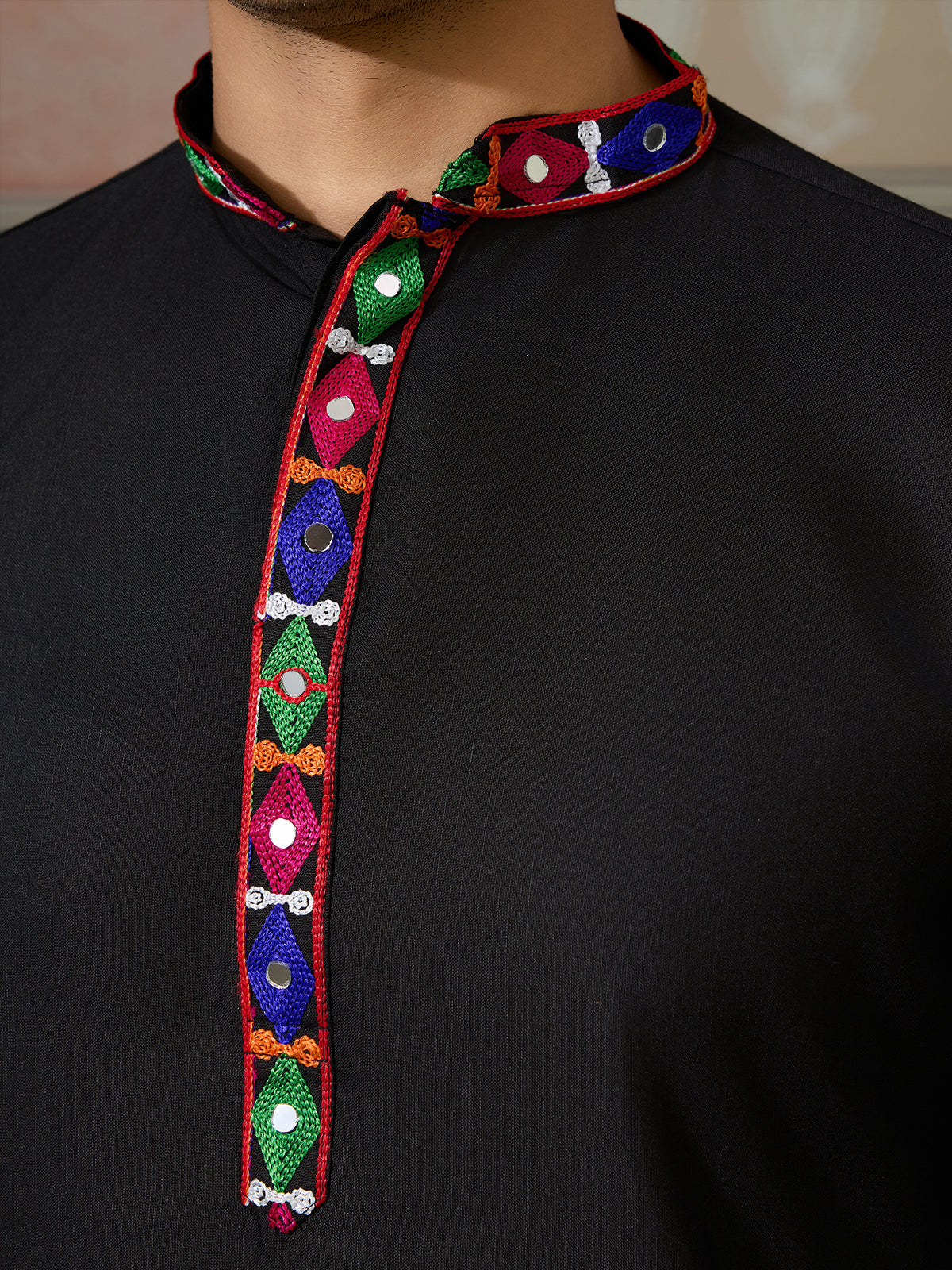 Black Cotton Silk Kurta for Men with Multi-Thread & Mirror Work