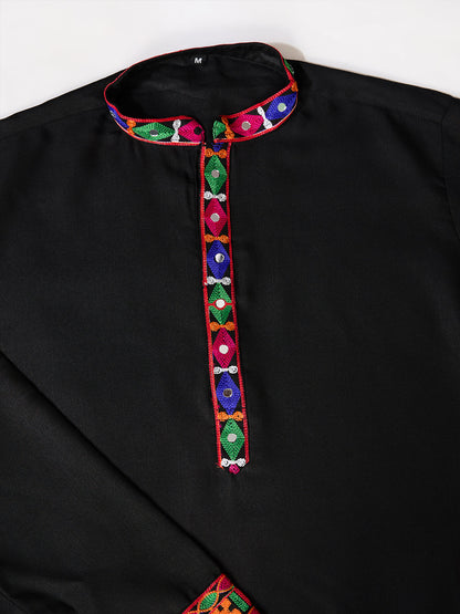 Black Cotton Silk Kurta for Men with Multi-Thread & Mirror Work
