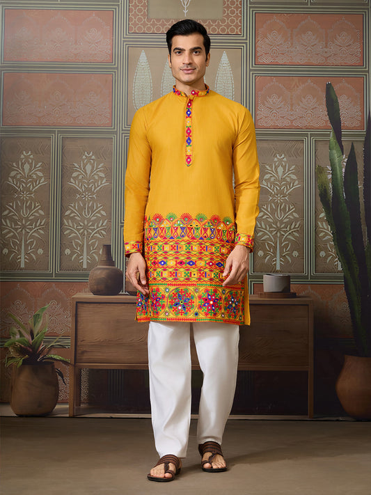 Traditional Multi-Thread & Mirror Work Men's Navratri Kurta In Yellow