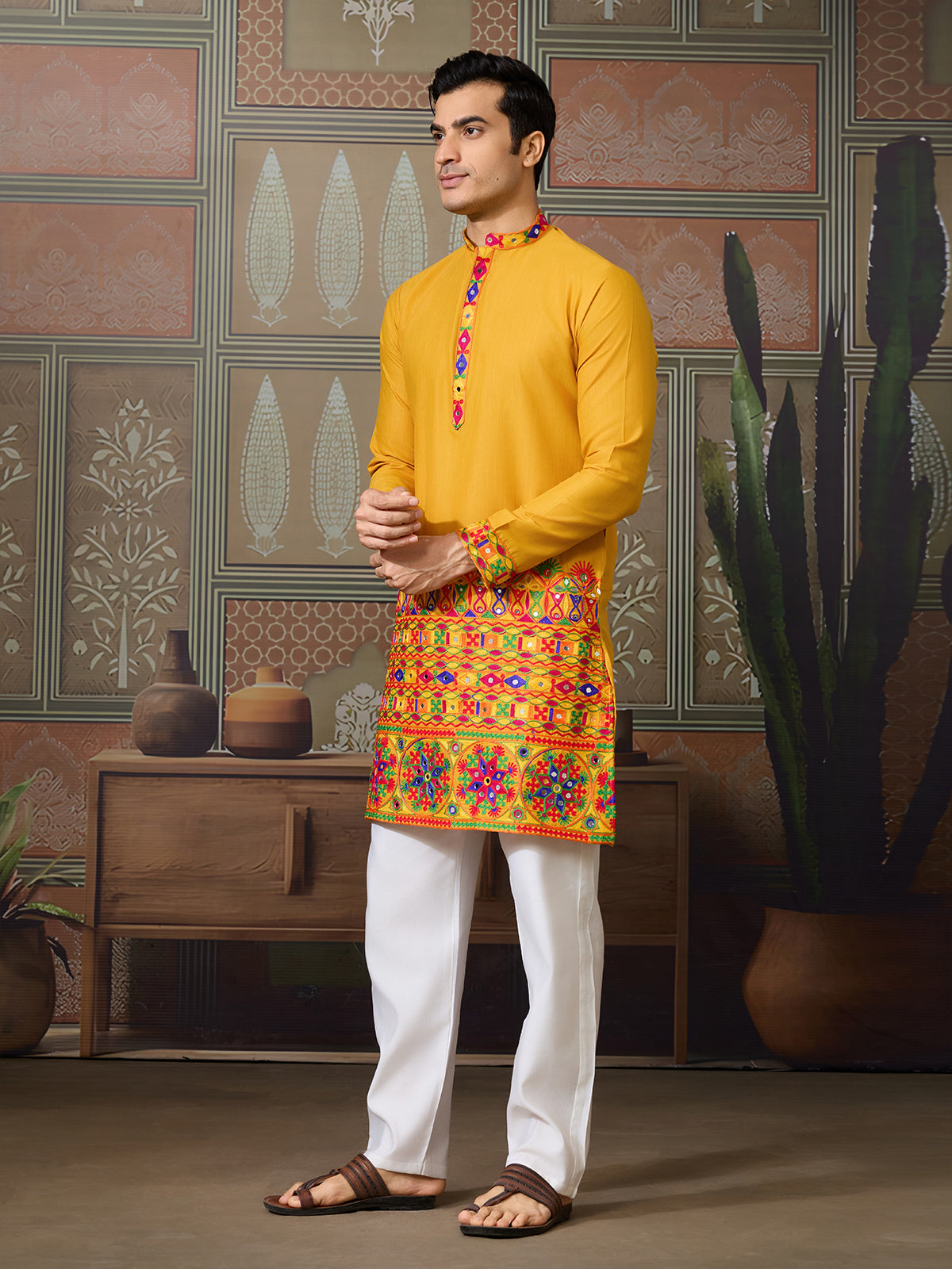 Traditional Multi-Thread & Mirror Work Men's Navratri Kurta In Yellow