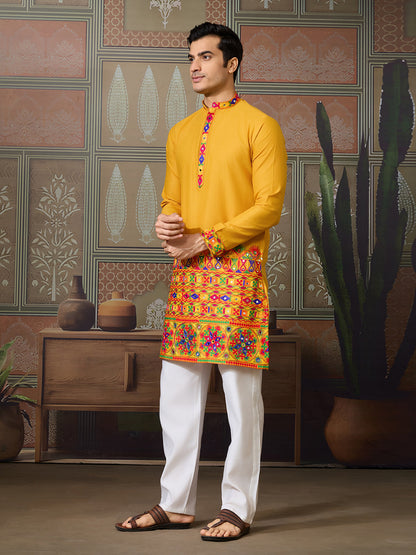 Traditional Multi-Thread & Mirror Work Men's Navratri Kurta In Yellow