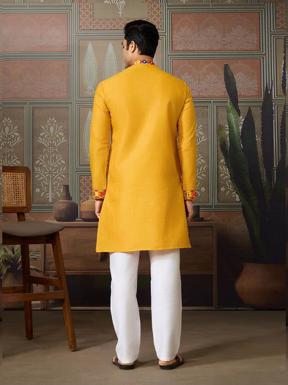 Traditional Multi-Thread & Mirror Work Men's Navratri Kurta In Yellow