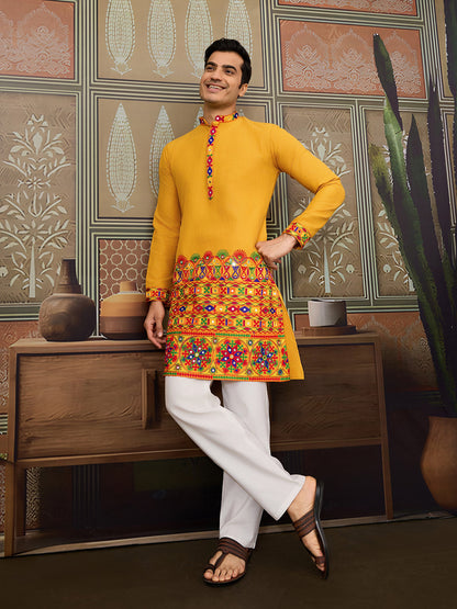 Traditional Multi-Thread & Mirror Work Men's Navratri Kurta In Yellow