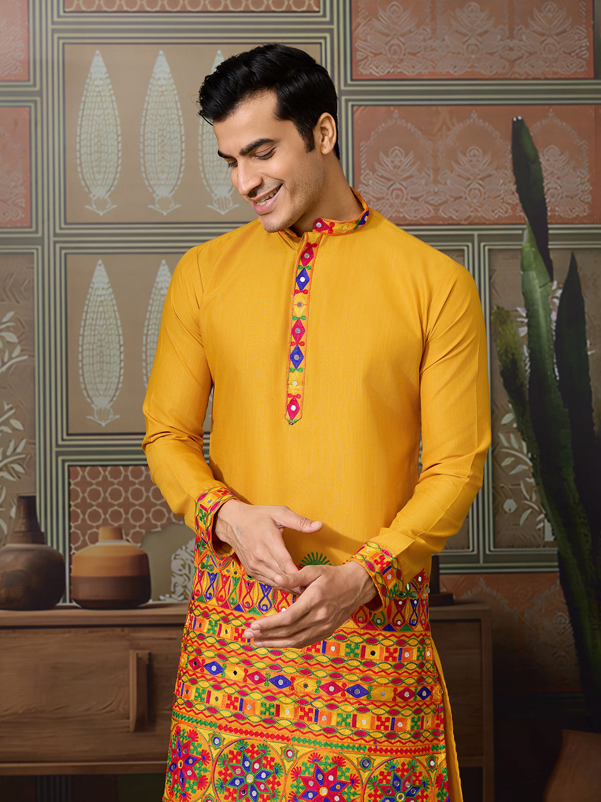 Traditional Multi-Thread & Mirror Work Men's Navratri Kurta In Yellow