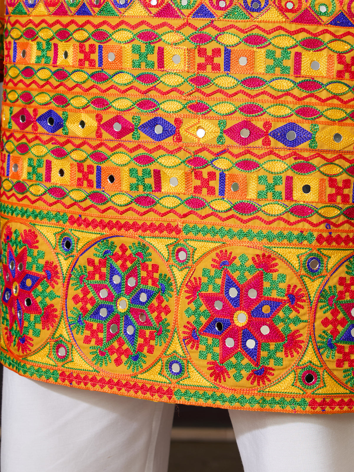 Traditional Multi-Thread & Mirror Work Men's Navratri Kurta In Yellow