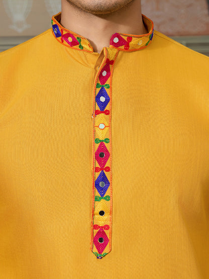 Traditional Multi-Thread & Mirror Work Men's Navratri Kurta In Yellow
