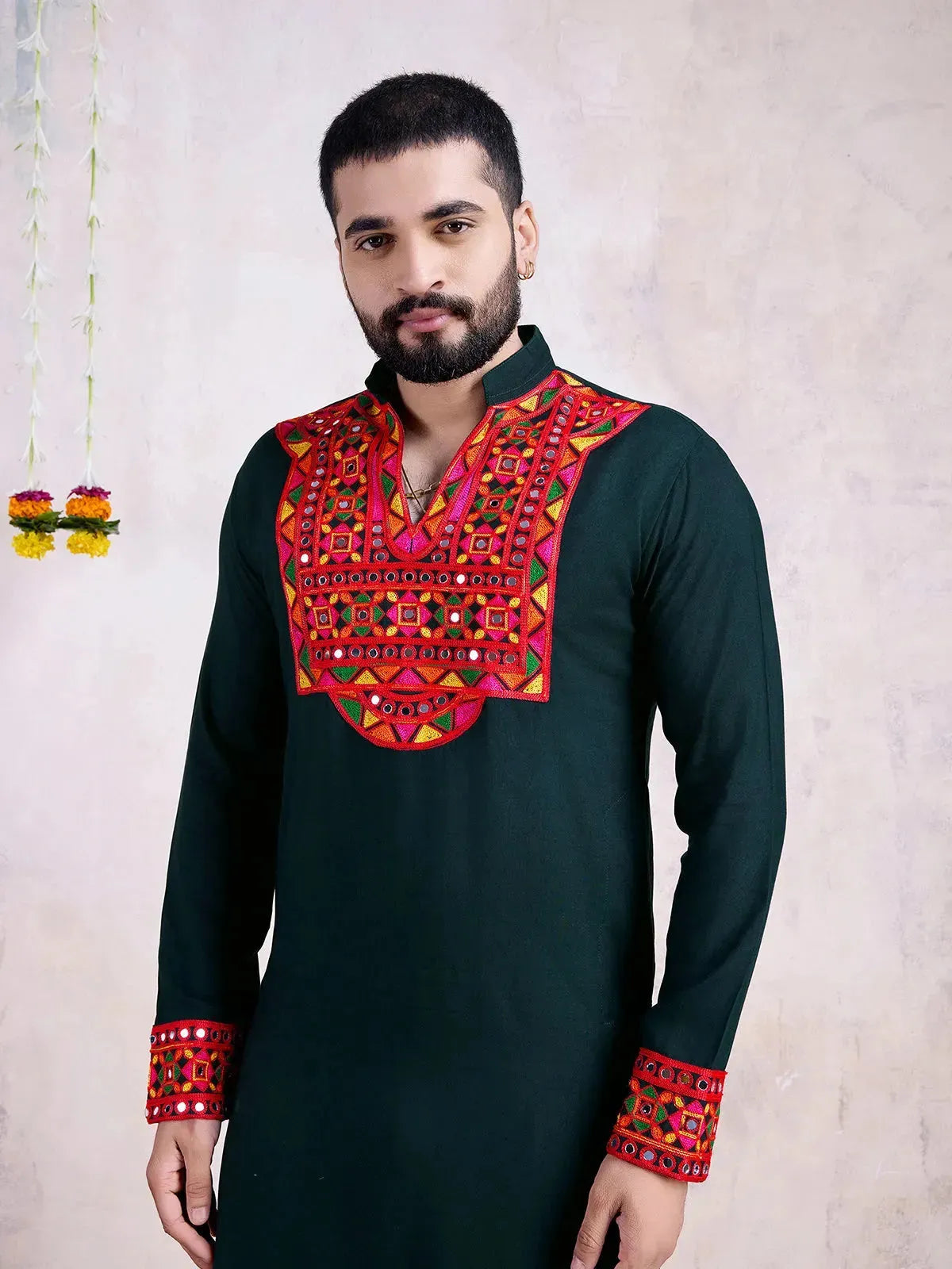 Green Rayon Men's Navratri kurta with Embroidery And Mirror Work