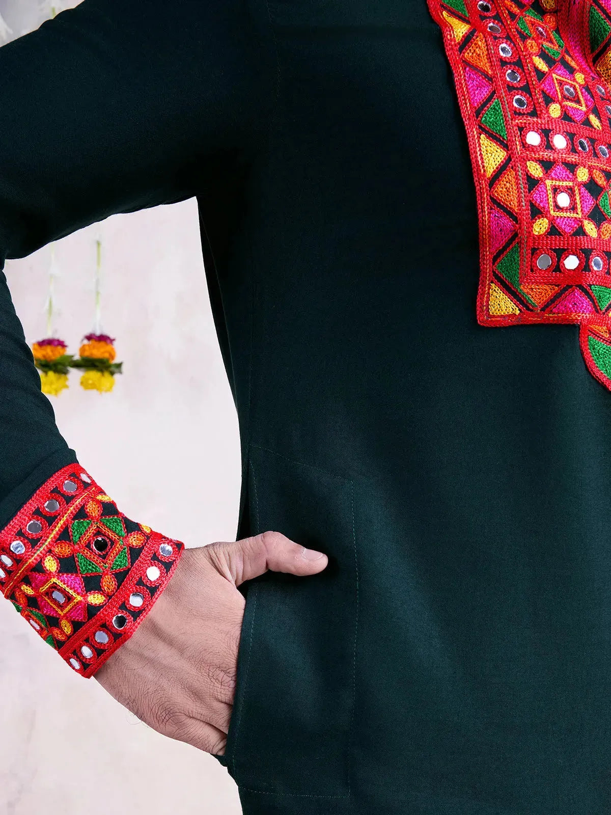 Green Rayon Men's Navratri kurta with Embroidery And Mirror Work