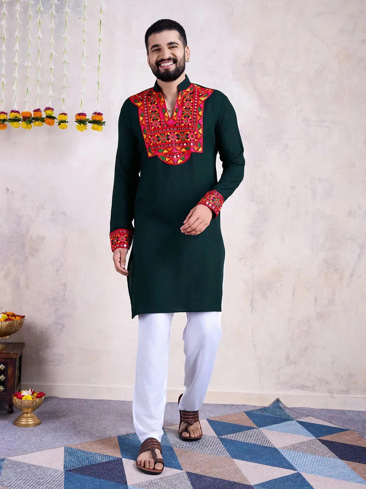 Green Rayon Men's Navratri kurta with Embroidery And Mirror Work