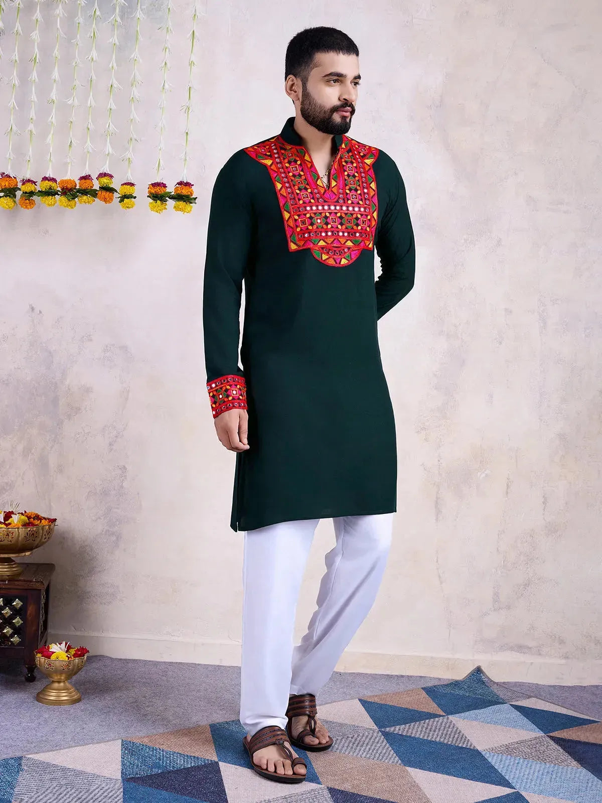 Green Rayon Men's Navratri kurta with Embroidery And Mirror Work