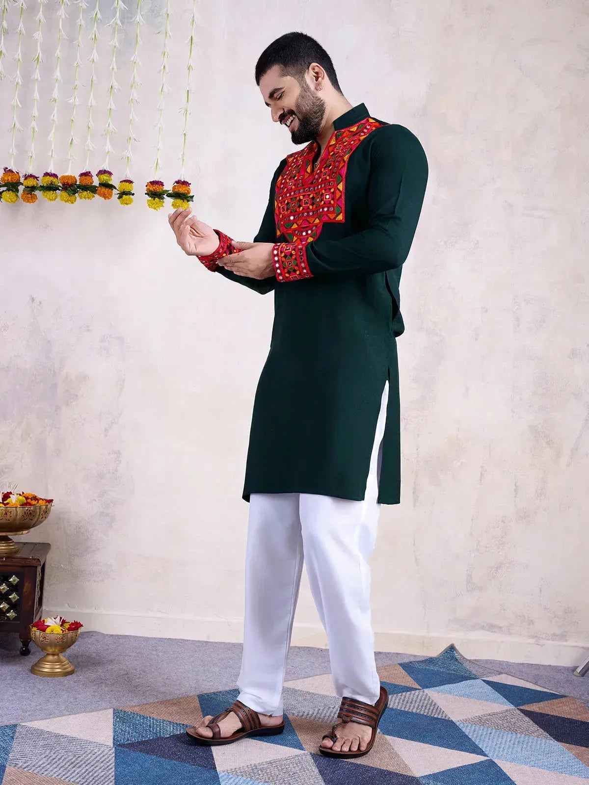Green Rayon Men's Navratri kurta with Embroidery And Mirror Work