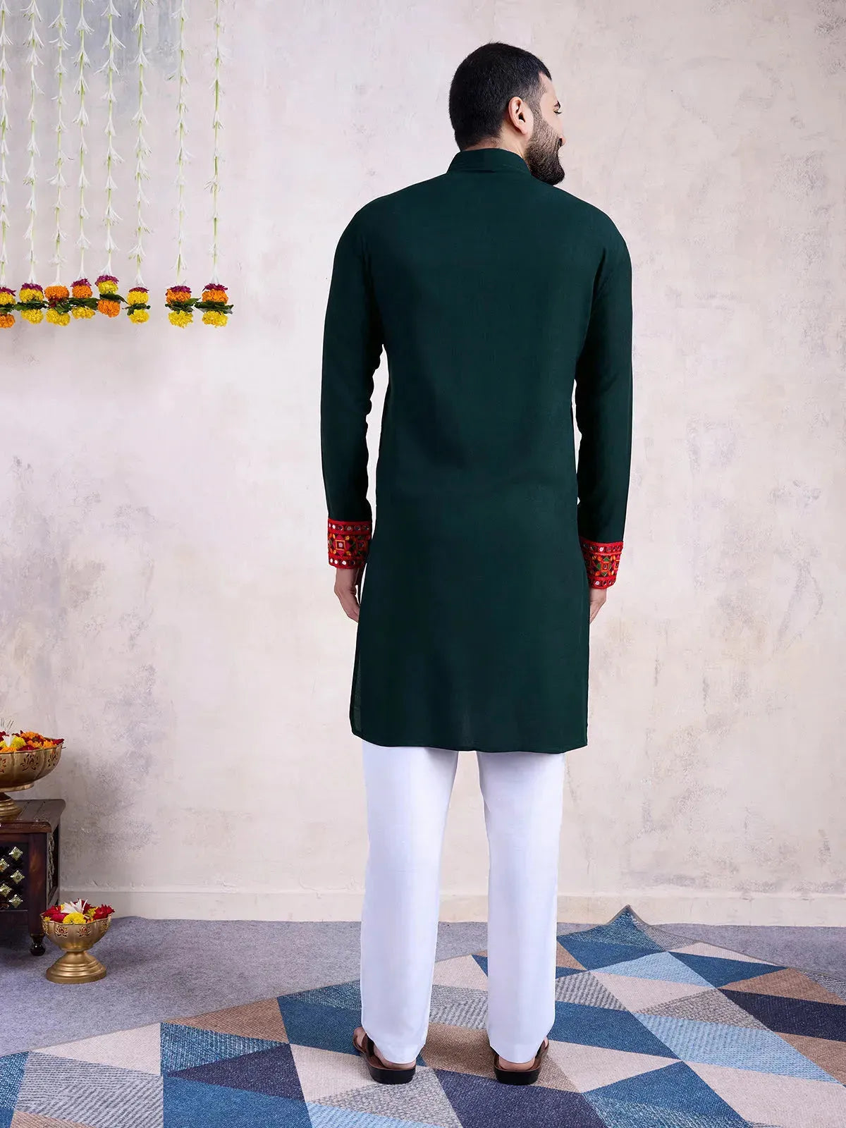 Green Rayon Men's Navratri kurta with Embroidery And Mirror Work