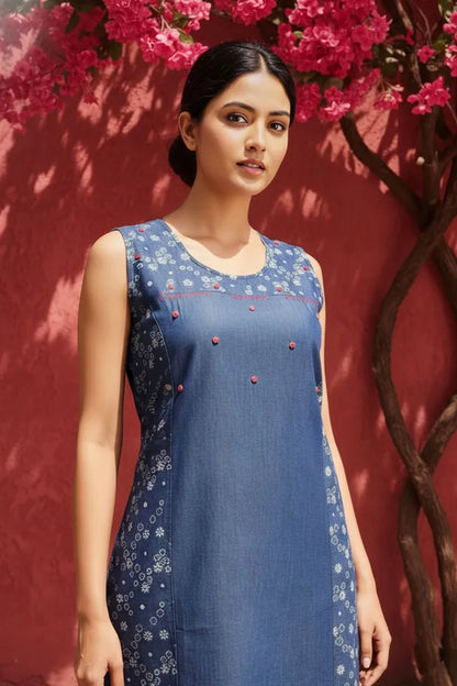 Blue Stylish Denim Dress With Star Print And Embellishment