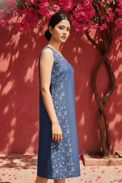 Blue Stylish Denim Dress With Star Print And Embellishment