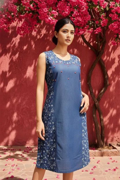 Blue Stylish Denim Dress With Star Print And Embellishment