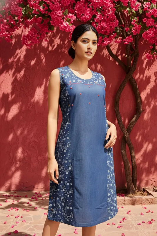 Blue Stylish Denim Dress With Star Print And Embellishment