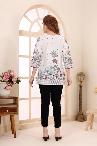 Red Cotton Short Kurti Tunic Top with Floral Print for Women