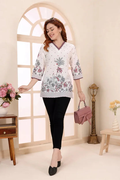 Red Cotton Short Kurti Tunic Top with Floral Print for Women