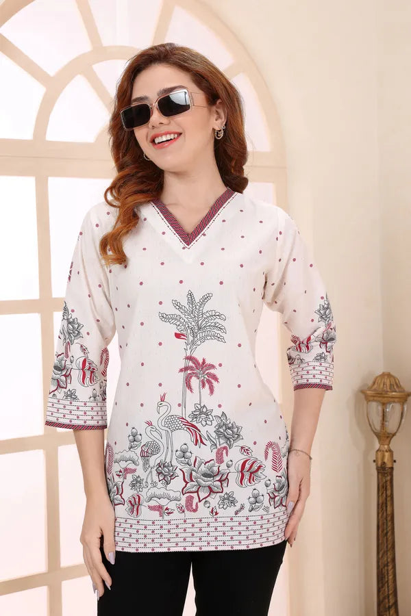 Red Cotton Short Kurti Tunic Top with Floral Print for Women