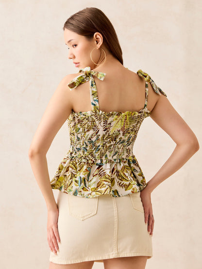 Multi Tiedup Smocked Top White Base Print