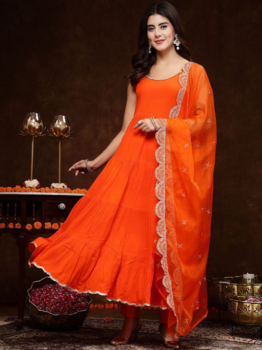 Orange & White Sleeveless Tiered A Line Kurta & Trousers With Dupatta