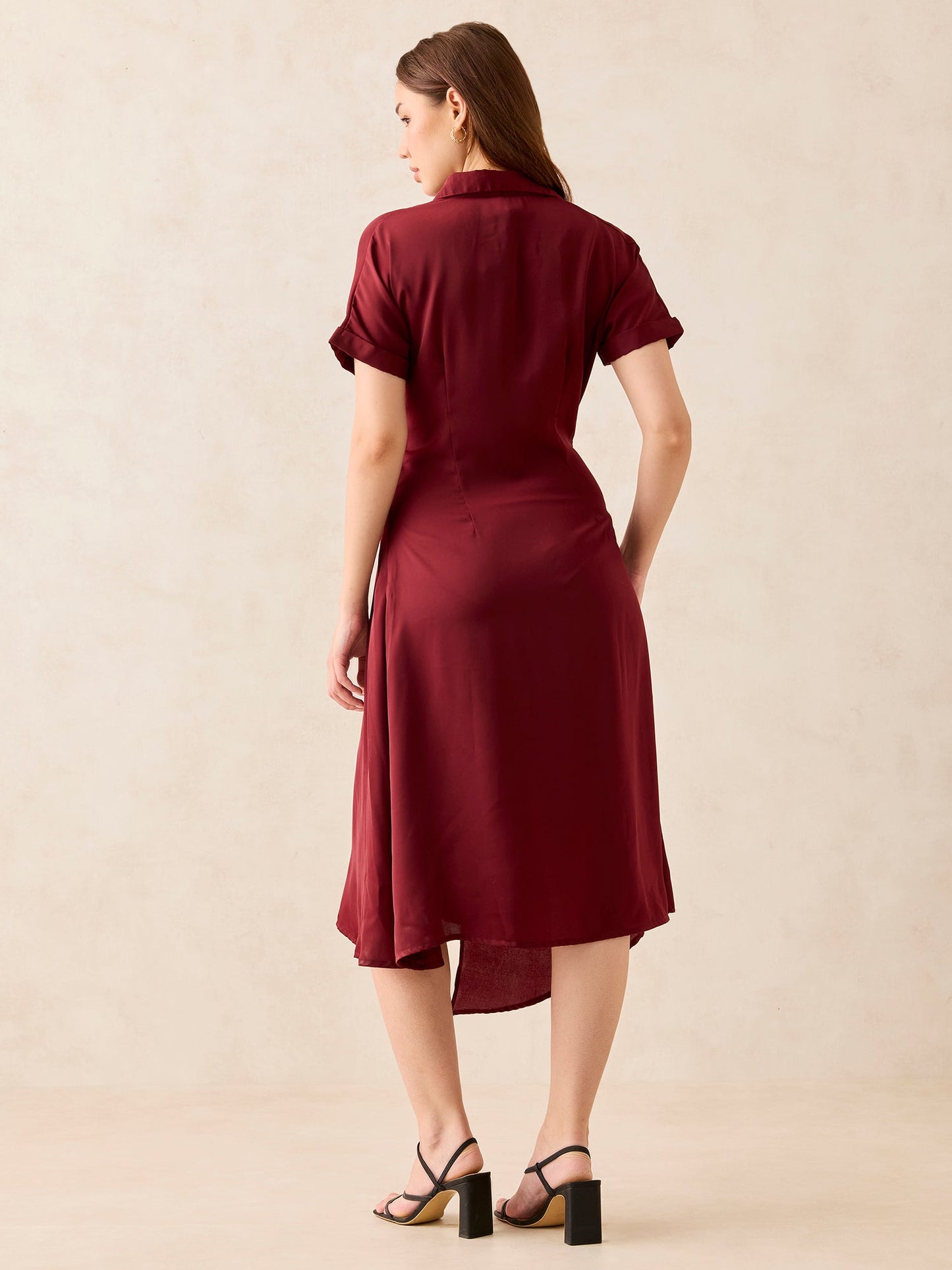 Maroon Midi Tie Up Detail Shirt Dress