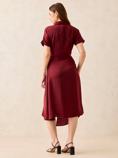 Maroon Midi Tie Up Detail Shirt Dress