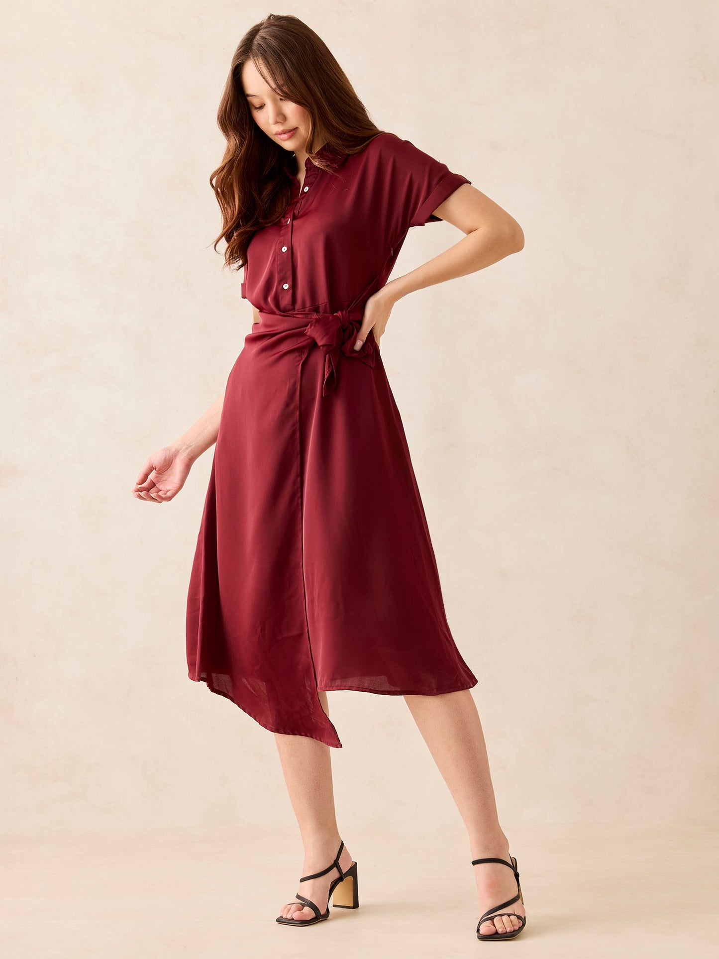 Maroon Midi Tie Up Detail Shirt Dress