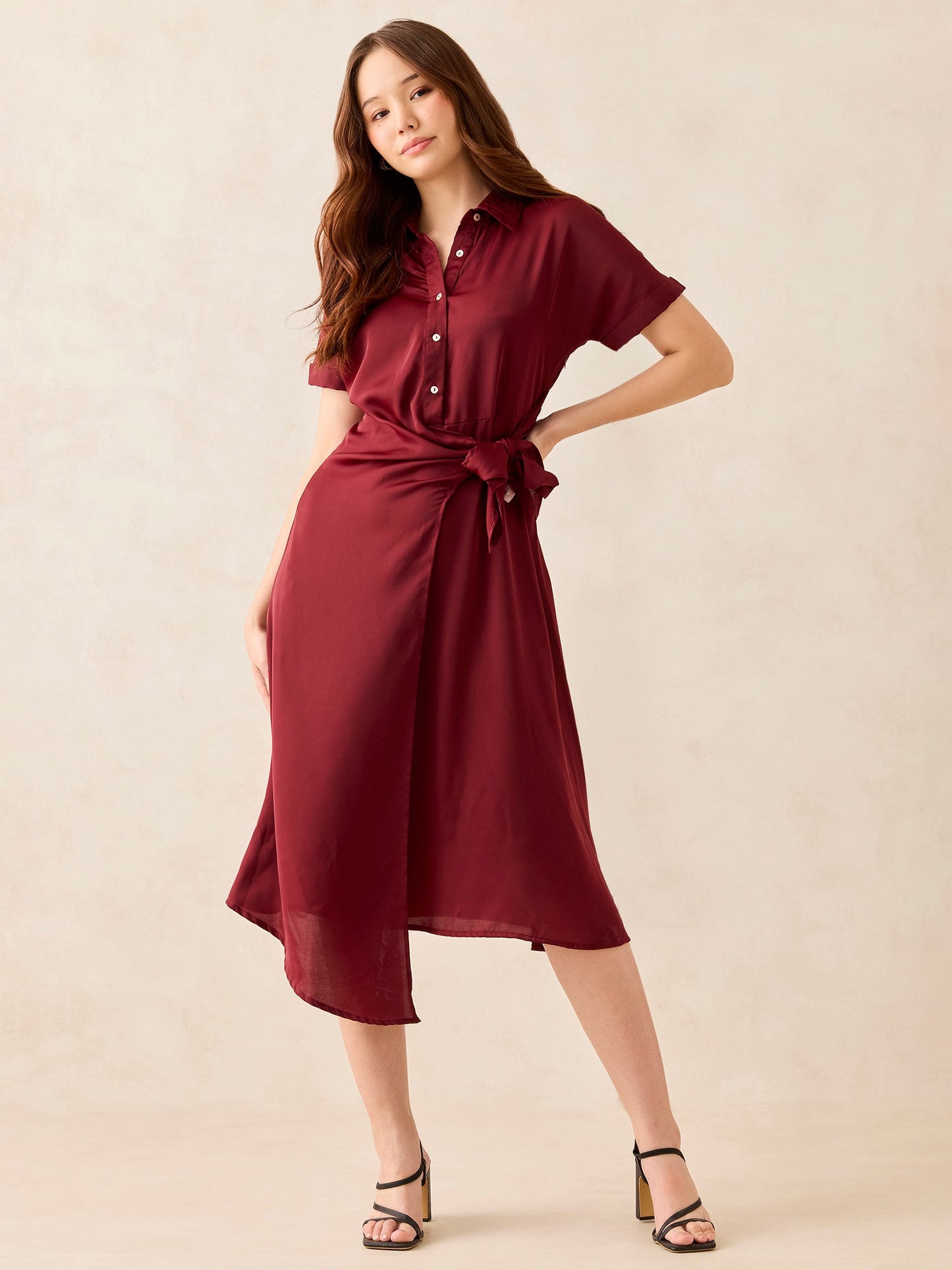 Maroon Midi Tie Up Detail Shirt Dress