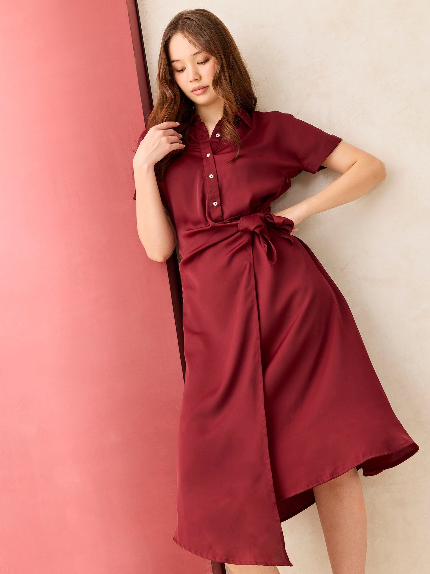 Maroon Midi Tie Up Detail Shirt Dress