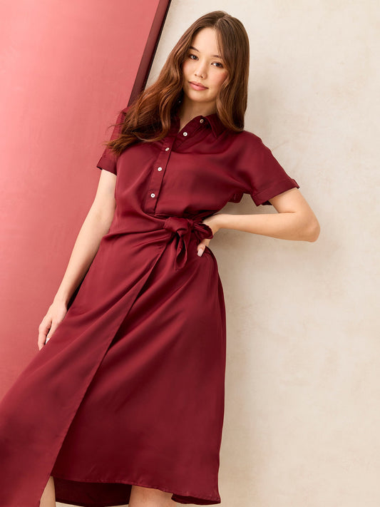 Maroon Midi Tie Up Detail Shirt Dress