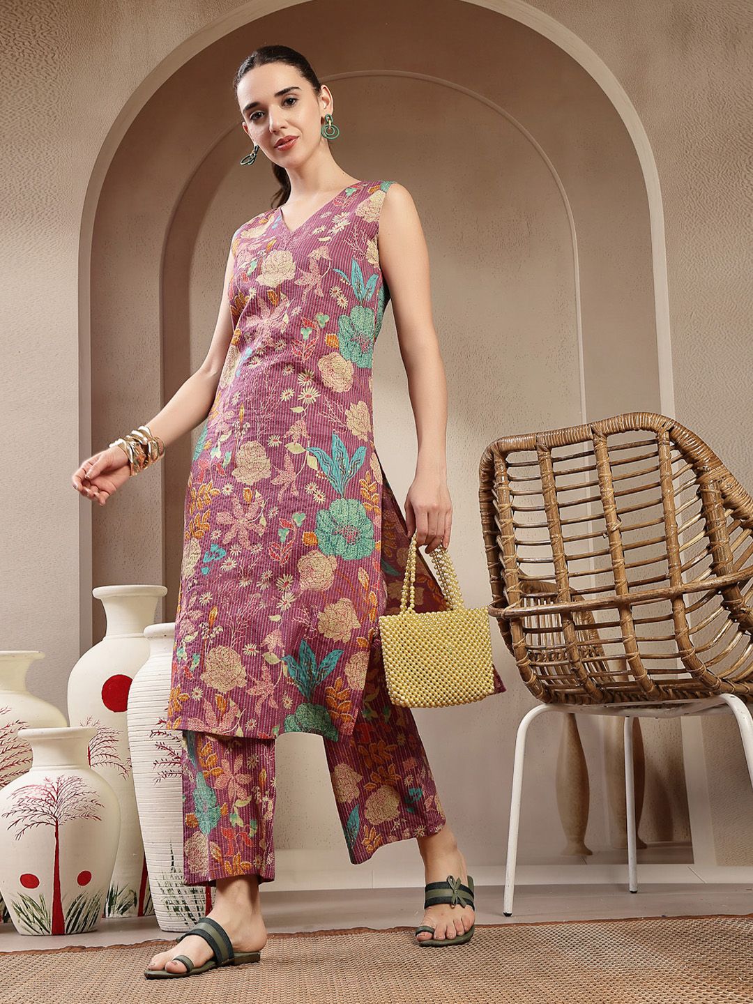 Floral Striped V-Neck Kantha Work Pure Cotton Kurta With Trousers