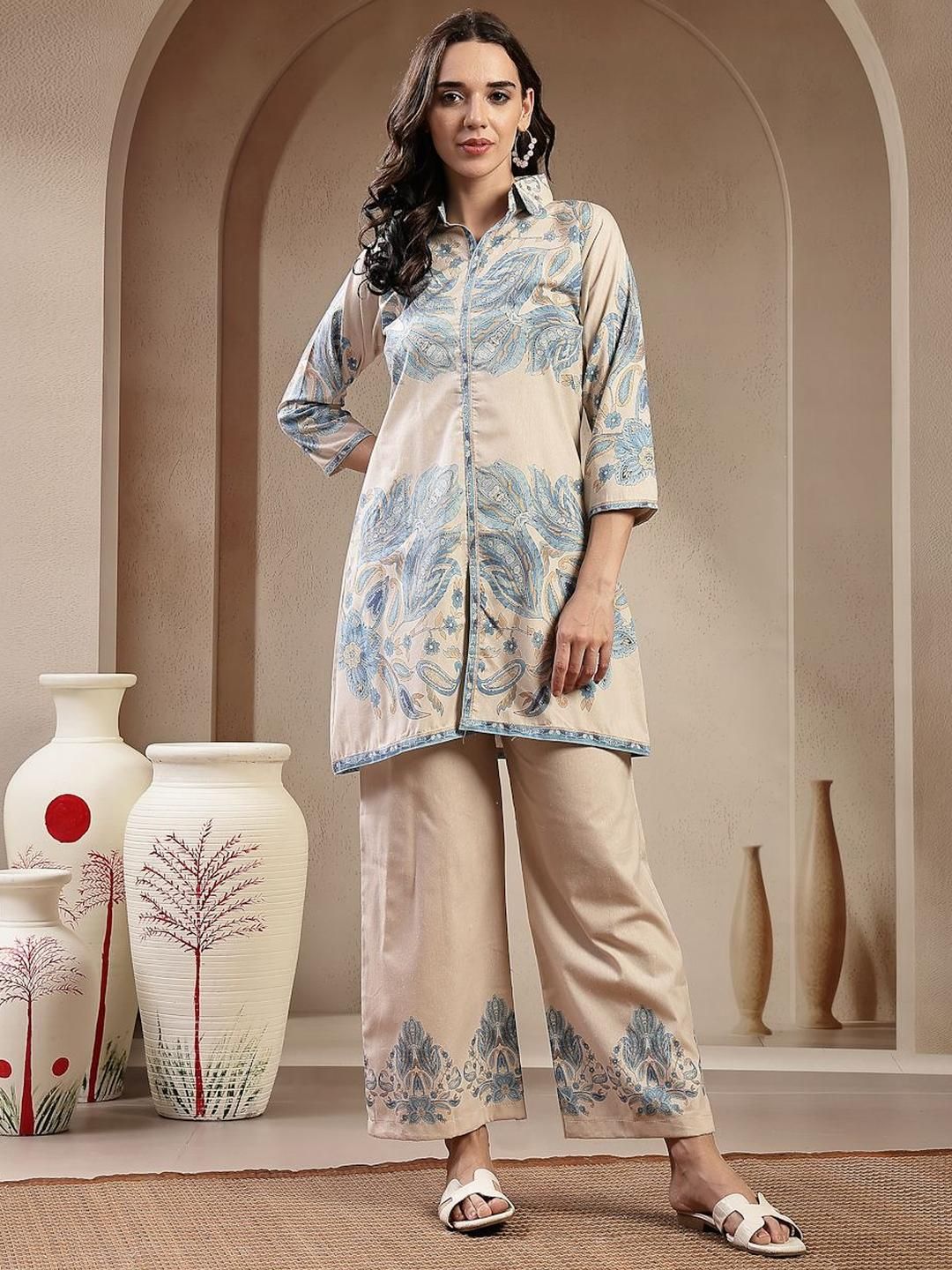 Women Printed Shirt Collar Top and Palazzos Co-Ords