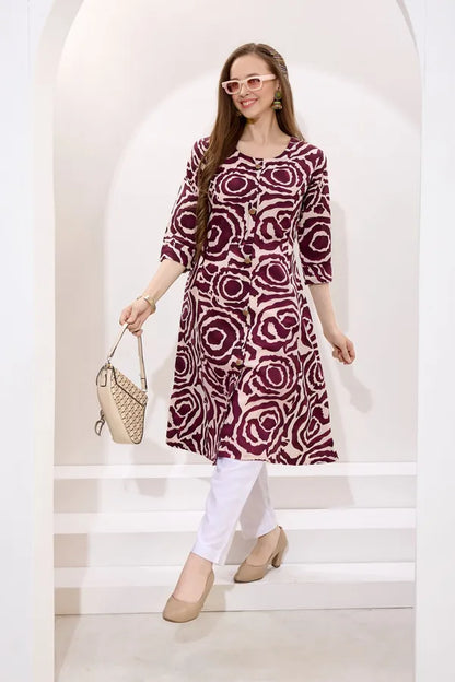 Wine Linen Cotton Princess Cut Long Kurta For Women