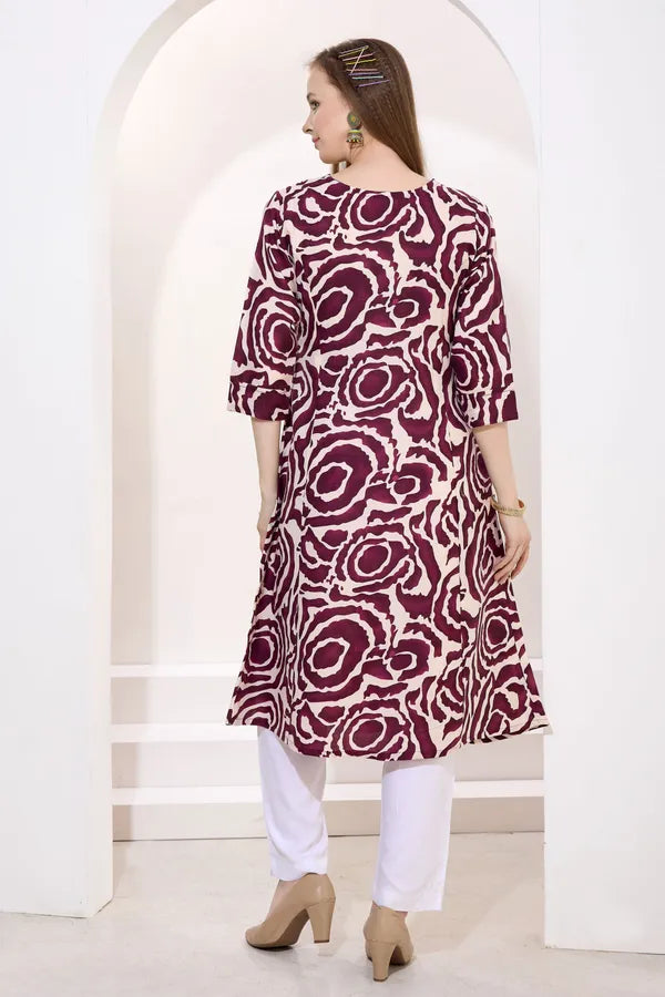Wine Linen Cotton Princess Cut Long Kurta For Women