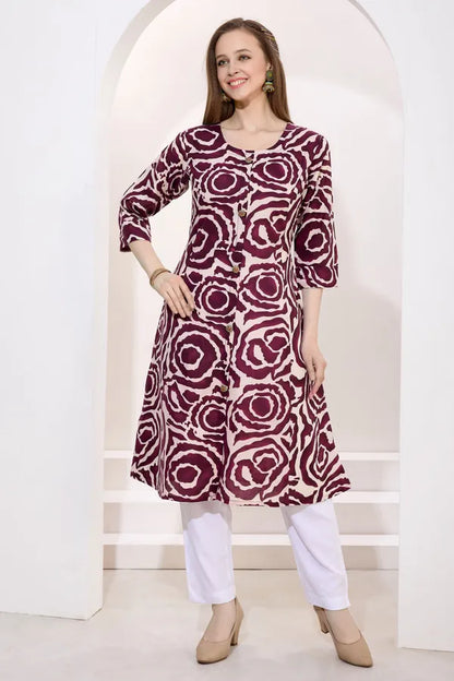 Wine Linen Cotton Princess Cut Long Kurta For Women