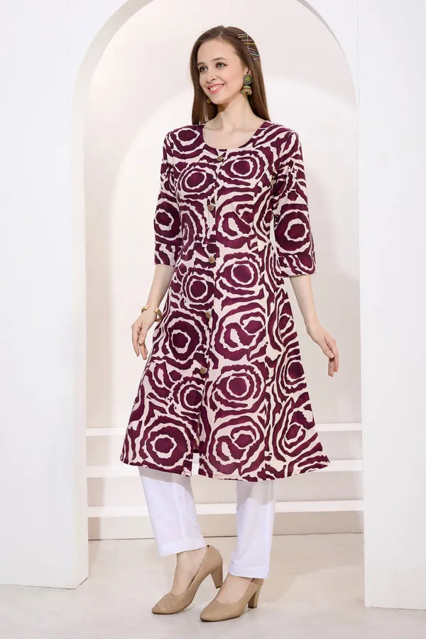 Wine Linen Cotton Princess Cut Long Kurta For Women