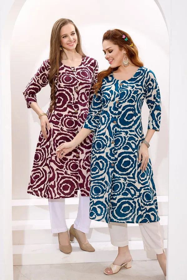 Wine Linen Cotton Princess Cut Long Kurta For Women
