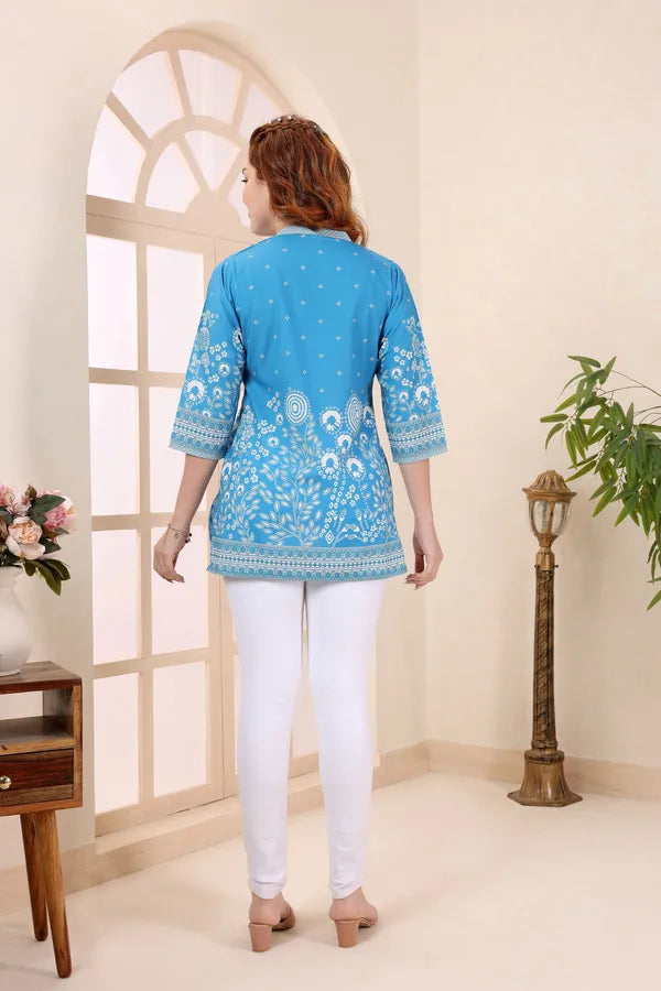 Turquoise Cotton Short Kurti Tunic Top with Floral Print for Women