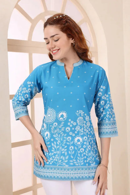 Turquoise Cotton Short Kurti Tunic Top with Floral Print for Women
