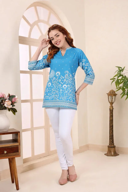 Turquoise Cotton Short Kurti Tunic Top with Floral Print for Women