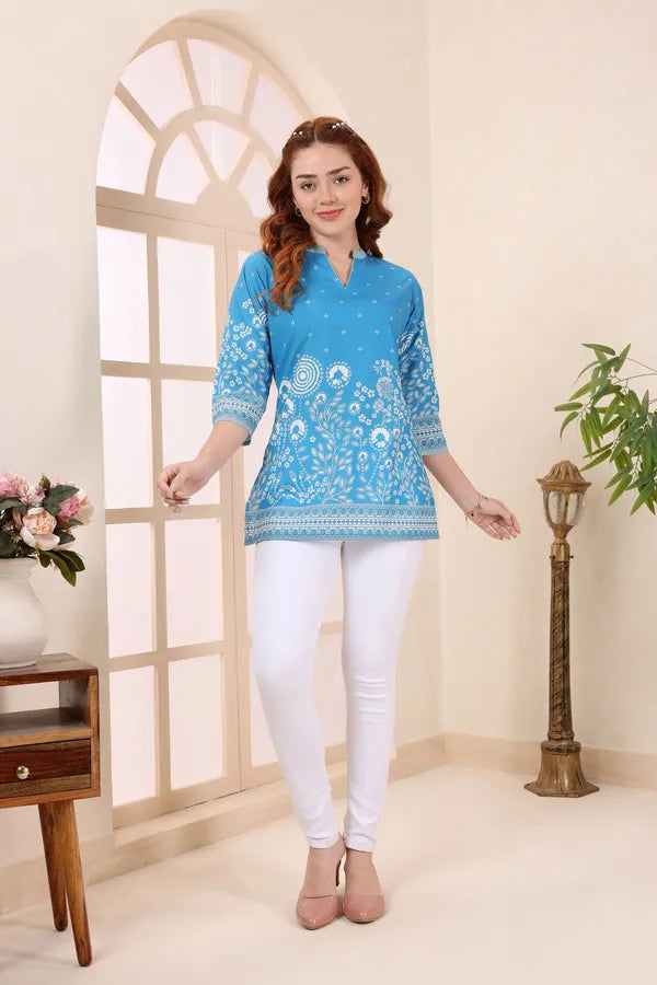 Turquoise Cotton Short Kurti Tunic Top with Floral Print for Women