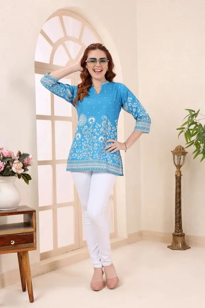 Turquoise Cotton Short Kurti Tunic Top with Floral Print for Women