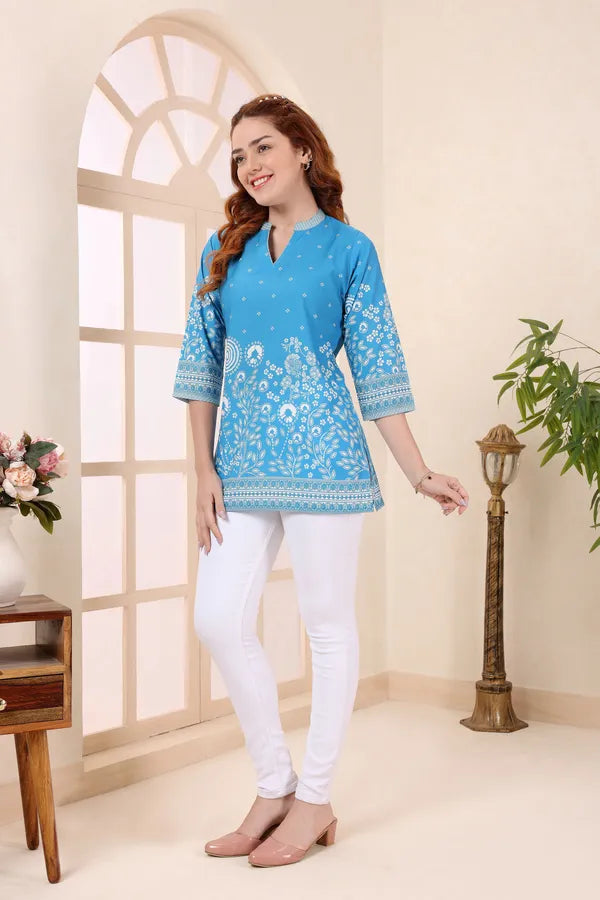 Turquoise Cotton Short Kurti Tunic Top with Floral Print for Women